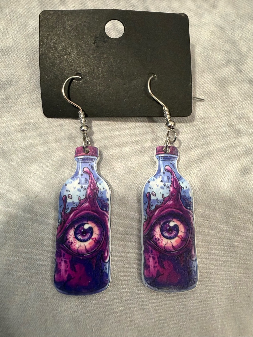 Handmade Purple Eyeball Potion Bottle Dangle Earrings Gothic Horror Creepy Cute